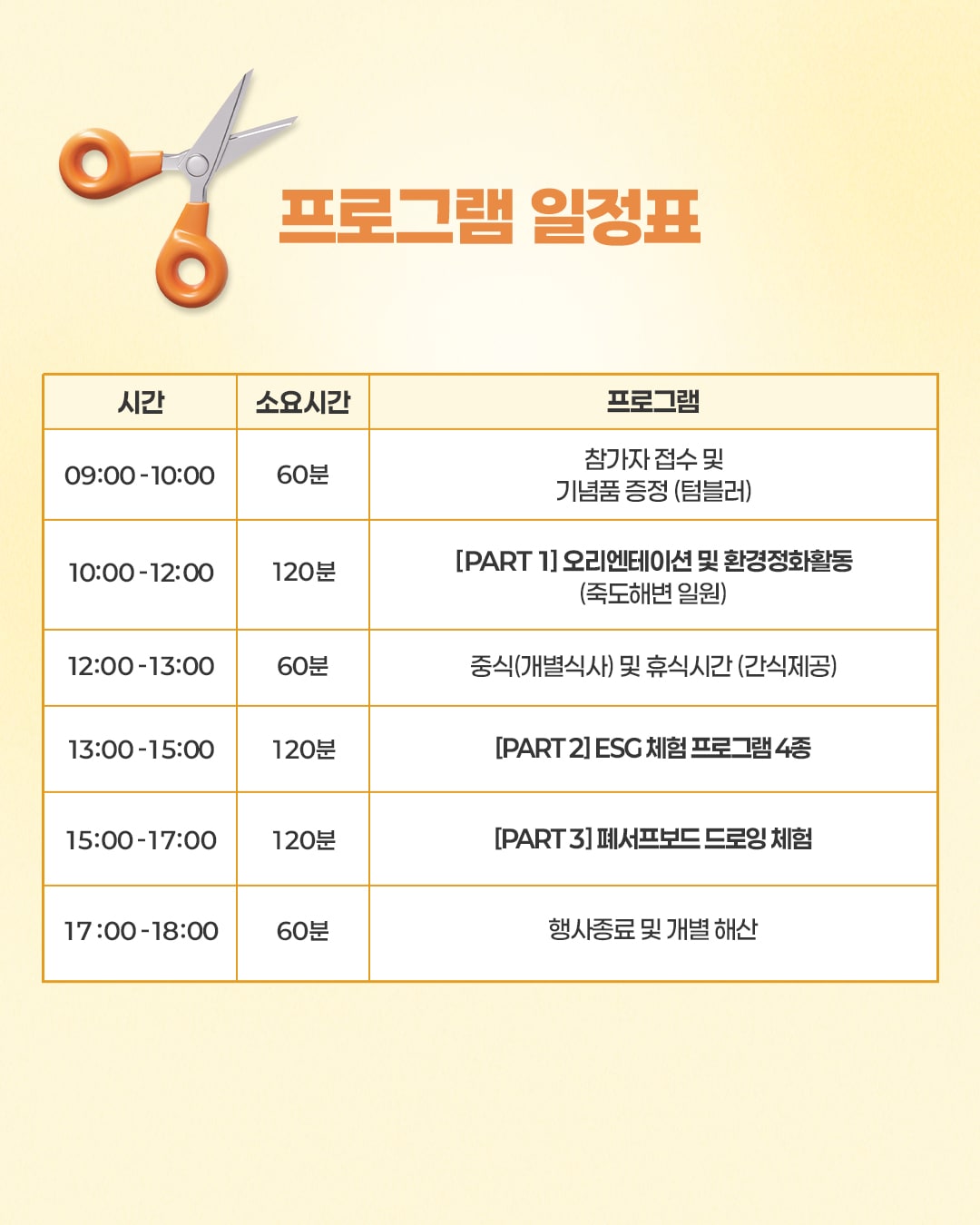 09시 접수부터 18시 종료까지의 프로그램 일정표.